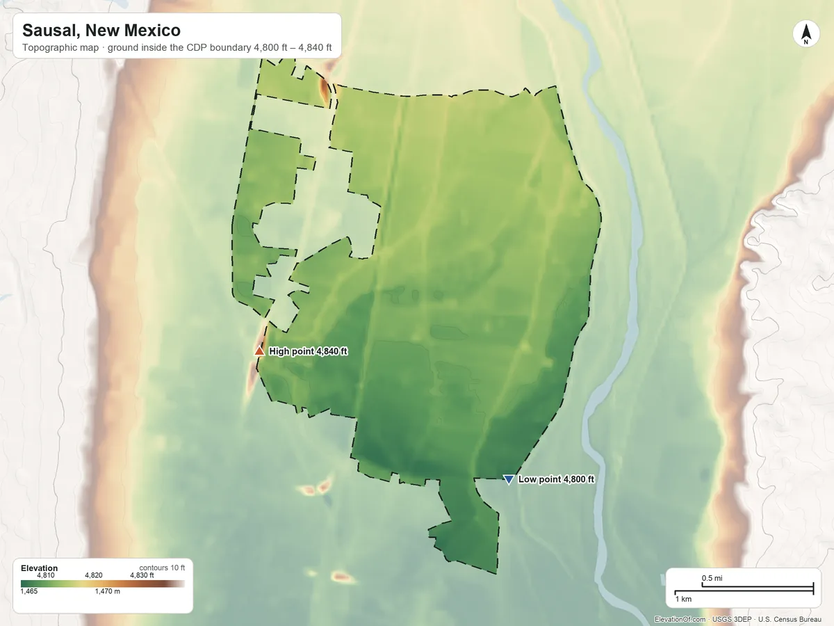 Topographic elevation map of Sausal, New Mexico, shaded from 4,800 ft on the south side to 4,840 ft on the west side