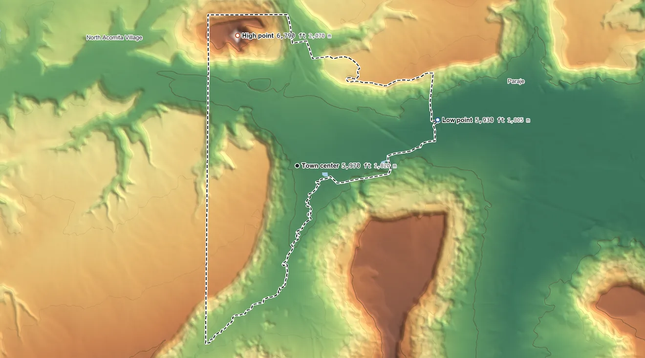 Topographic elevation map of Seama, New Mexico, shaded from 5,930 ft on the east side to 6,790 ft on Flower Mountain