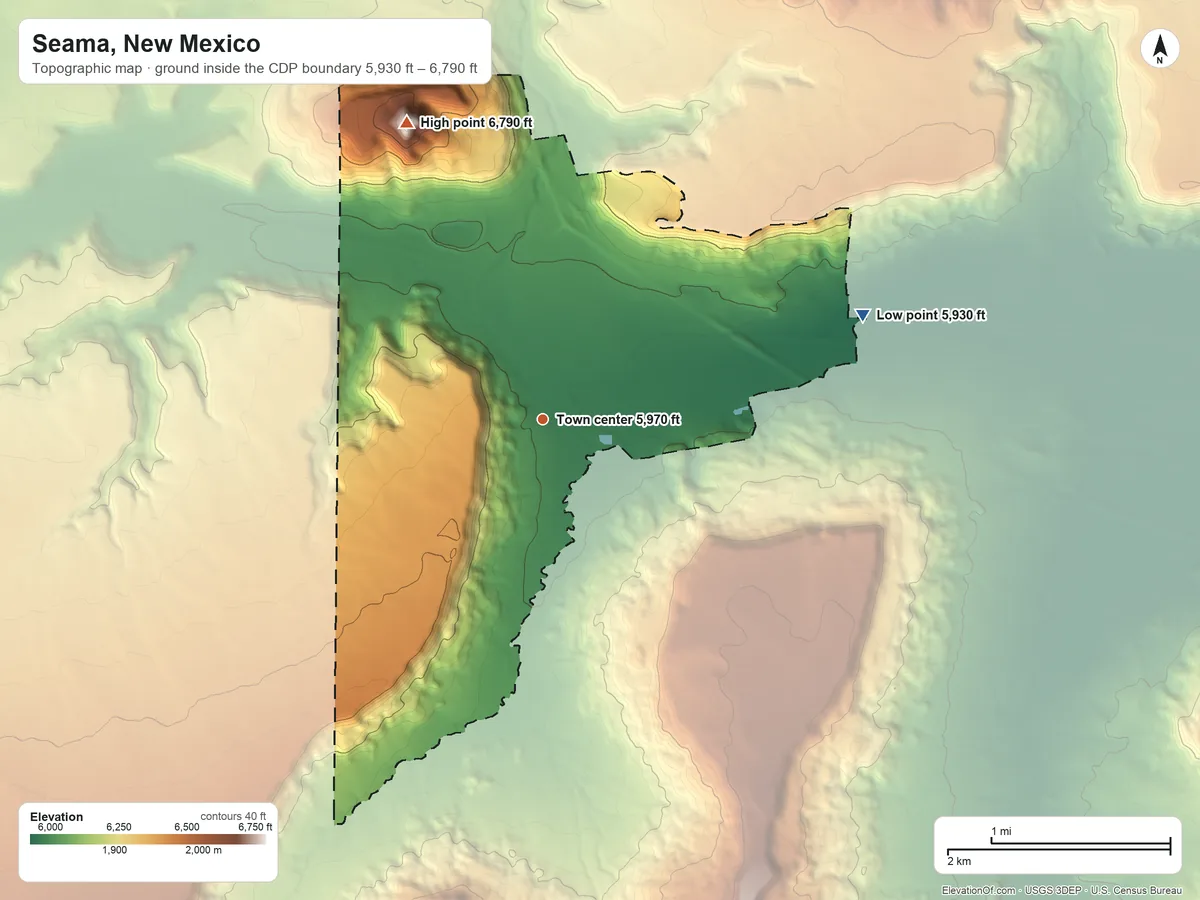 Topographic elevation map of Seama, New Mexico, shaded from 5,930 ft on the east side to 6,790 ft on Flower Mountain