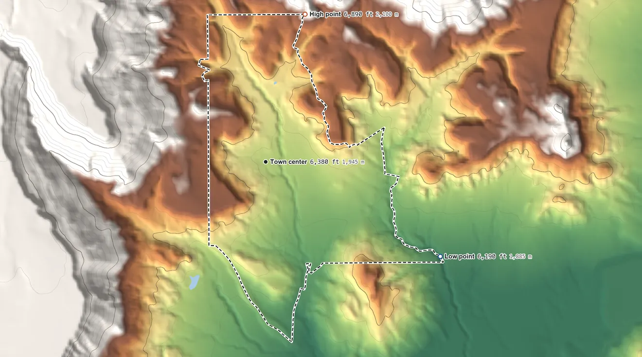 Topographic elevation map of Seboyeta, New Mexico, shaded from 6,190 ft on the southeast side to 6,890 ft at the foot of the San Mateo Mountains