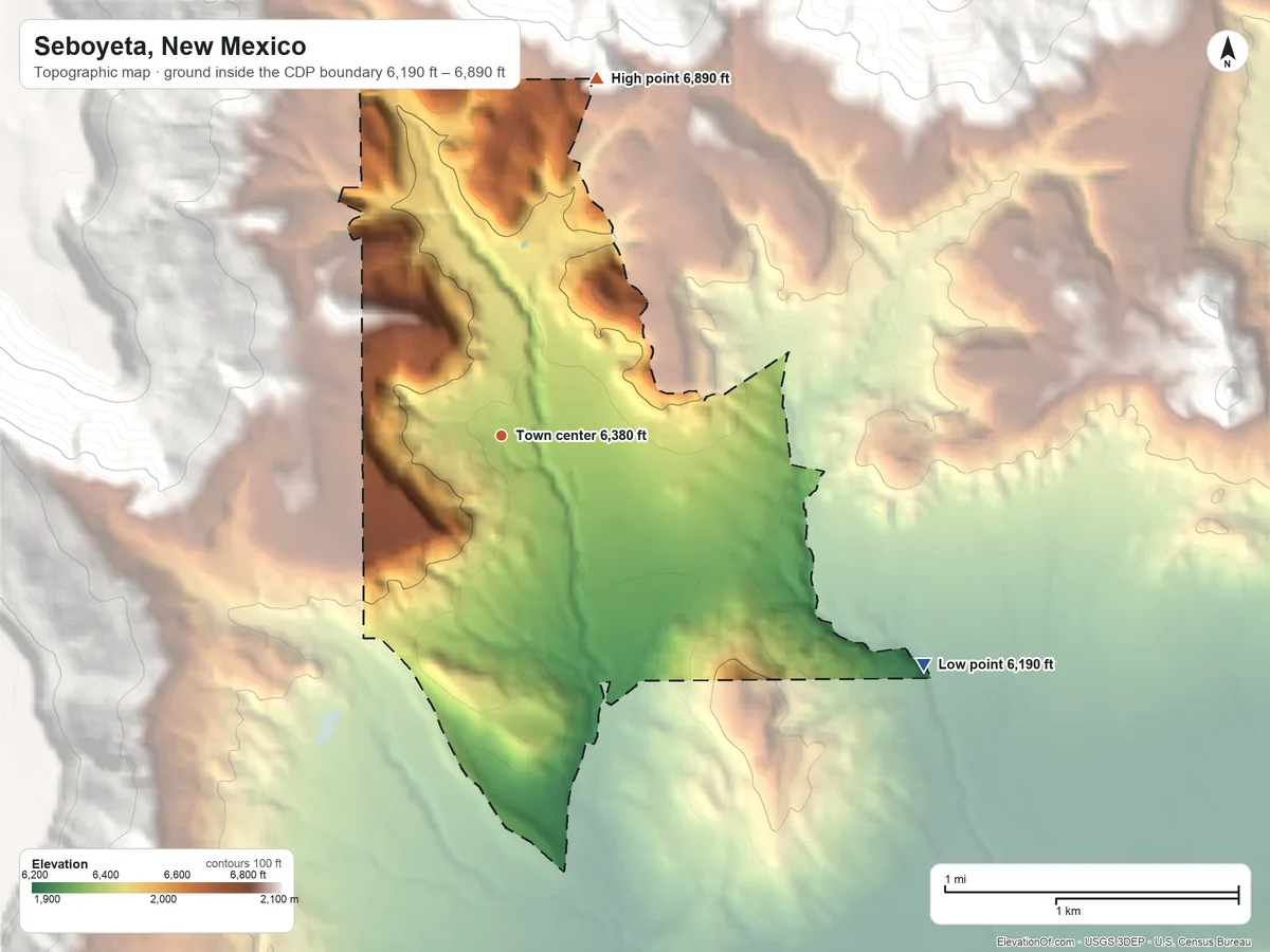 Topographic elevation map of Seboyeta, New Mexico, shaded from 6,190 ft on the southeast side to 6,890 ft at the foot of the San Mateo Mountains