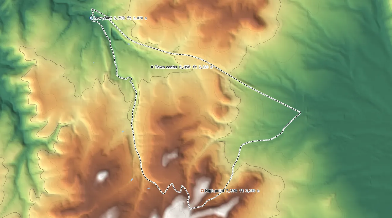 Topographic elevation map of Sedillo, New Mexico, shaded from 6,790 ft on the northwest side to 7,390 ft on the south side