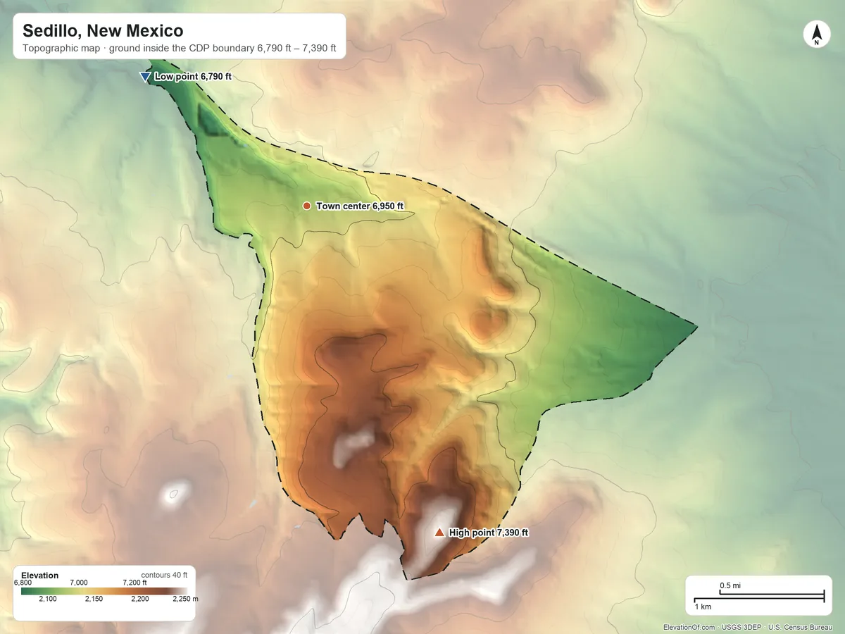 Topographic elevation map of Sedillo, New Mexico, shaded from 6,790 ft on the northwest side to 7,390 ft on the south side