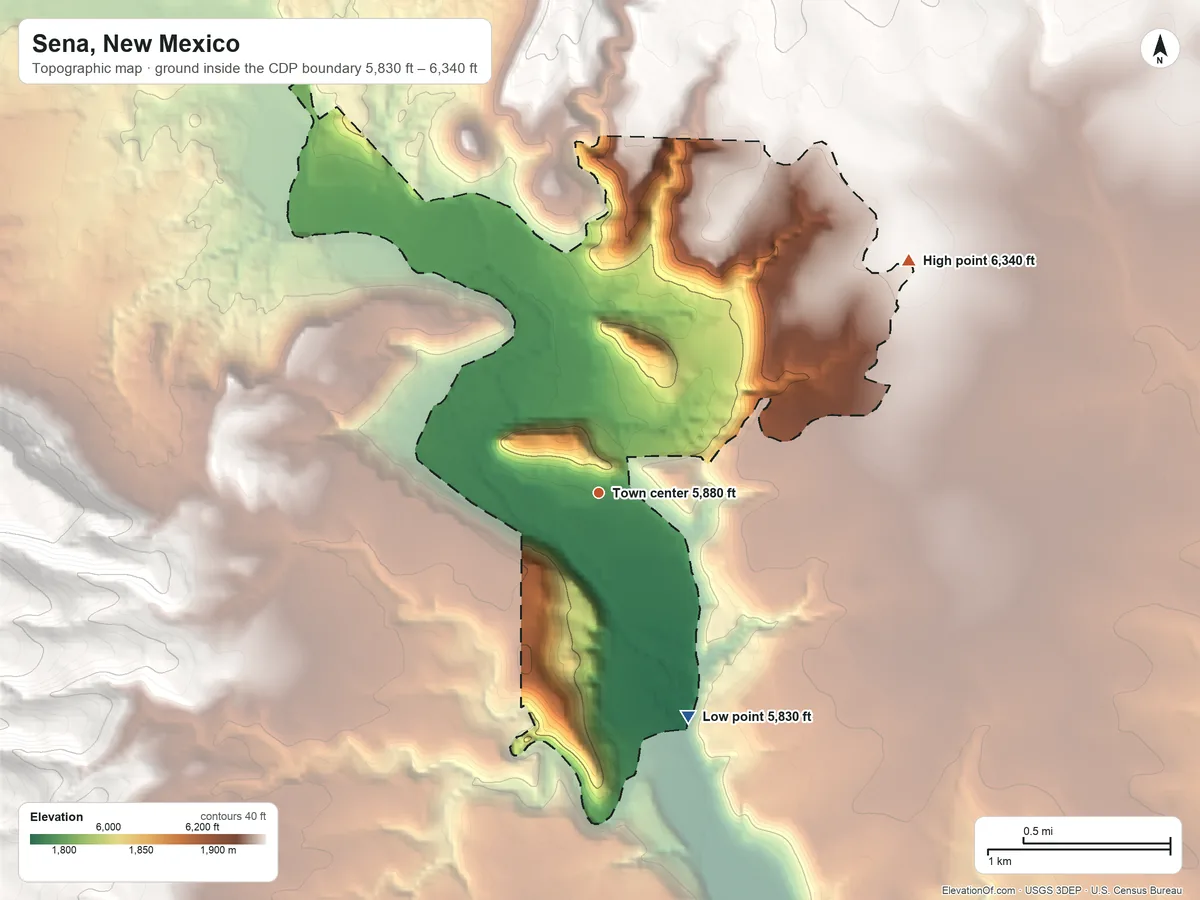 Topographic elevation map of Sena, New Mexico, shaded from 5,830 ft on the south side to 6,340 ft on the northeast edge, below higher ground just outside