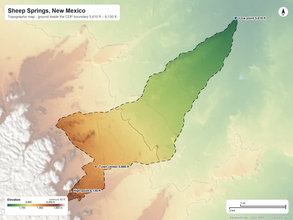 Topographic elevation map of Sheep Springs, New Mexico, shaded from 5,610 ft on the northeast side to 6,130 ft on the southwest edge, below higher ground just outside