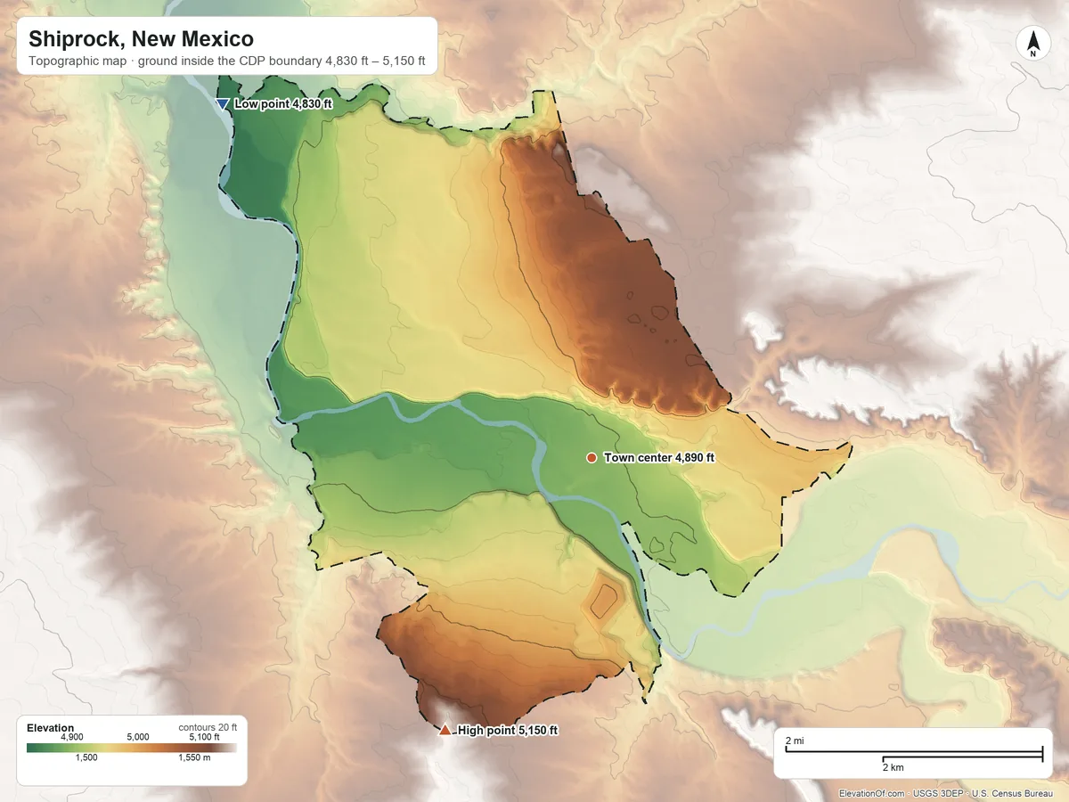 Topographic elevation map of Shiprock, New Mexico, shaded from 4,830 ft on the northwest side to 5,150 ft on the southwest side
