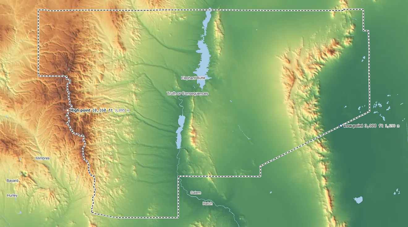 Topographic elevation map of Sierra County, New Mexico, shaded from 3,900 ft on the east side to 10,160 ft on McKnight Mountain