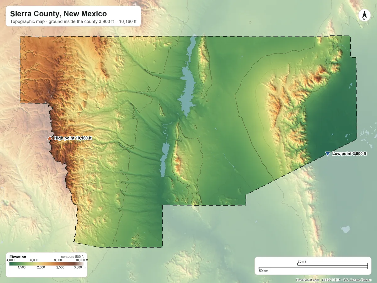 Topographic elevation map of Sierra County, New Mexico, shaded from 3,900 ft on the east side to 10,160 ft on McKnight Mountain