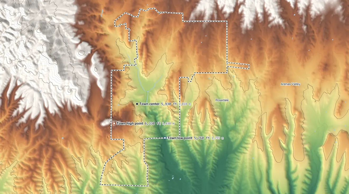 Topographic elevation map of Silver City, New Mexico, shaded from 5,760 ft on the southeast side to 6,330 ft at the foot of the Silver City Range