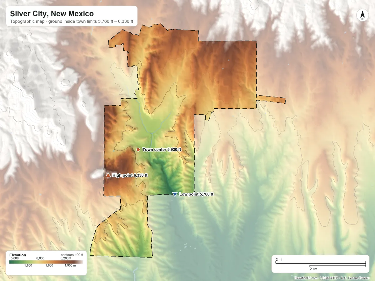 Topographic elevation map of Silver City, New Mexico, shaded from 5,760 ft on the southeast side to 6,330 ft at the foot of the Silver City Range