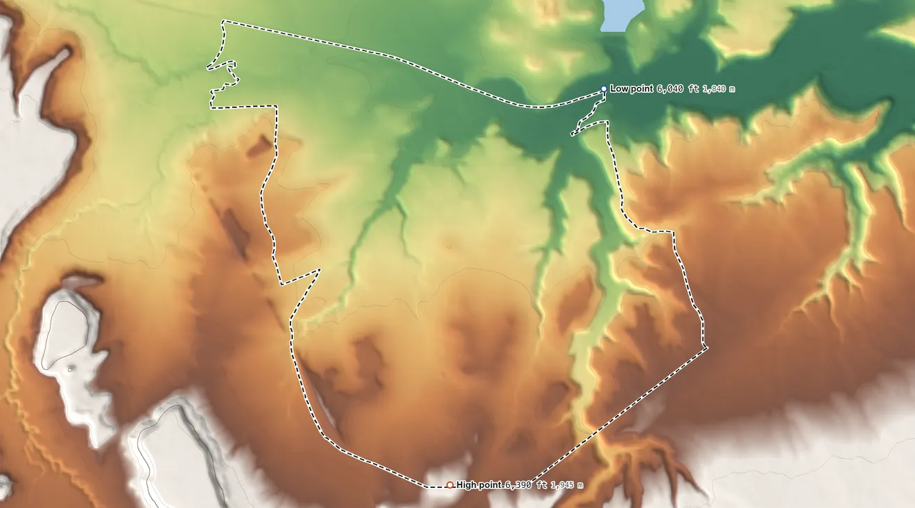 Topographic elevation map of Skyline-Ganipa, New Mexico, shaded from 6,040 ft on the northeast side to 6,390 ft on the south side