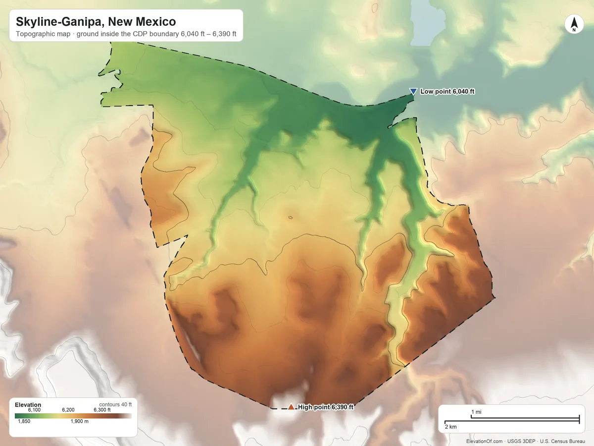 Topographic elevation map of Skyline-Ganipa, New Mexico, shaded from 6,040 ft on the northeast side to 6,390 ft on the south side