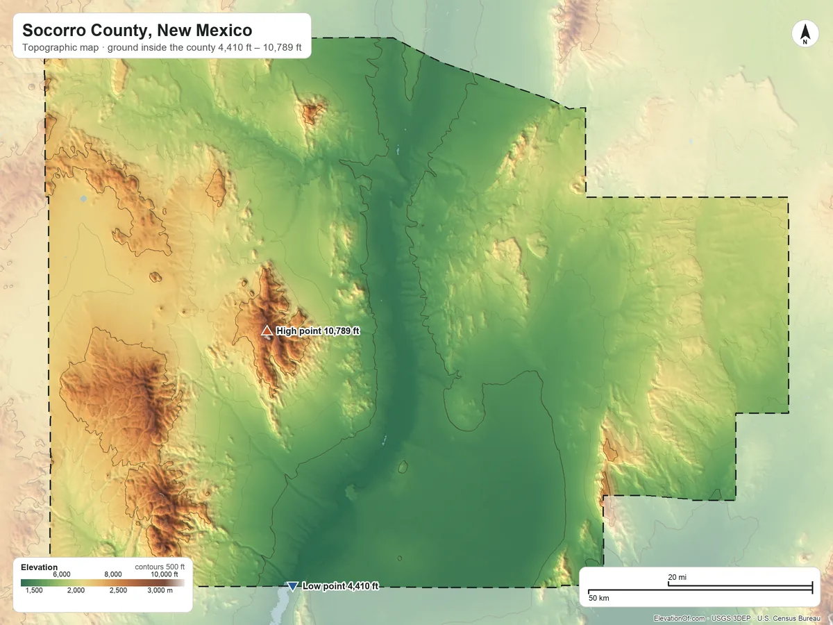 Topographic elevation map of Socorro County, New Mexico, shaded from 4,410 ft on the southwest side to 10,789 ft on South Baldy