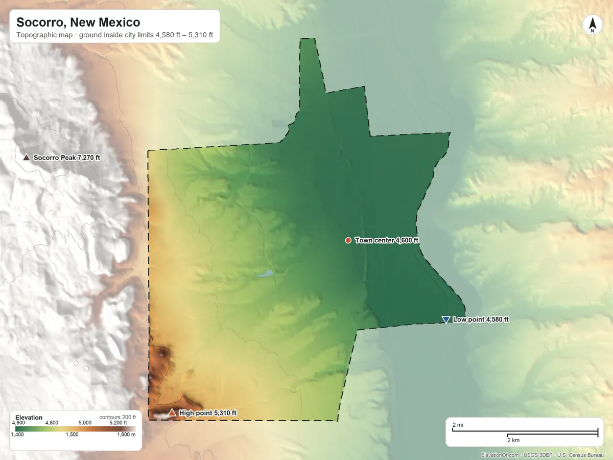 Topographic elevation map of Socorro, New Mexico, shaded from 4,580 ft on the southeast side to 5,310 ft at the foot of the Socorro Mountains