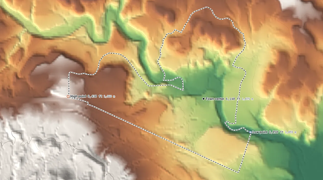 Topographic elevation map of Soham, New Mexico, shaded from 6,090 ft on the southeast side to 6,430 ft on the west edge, below higher ground just outside