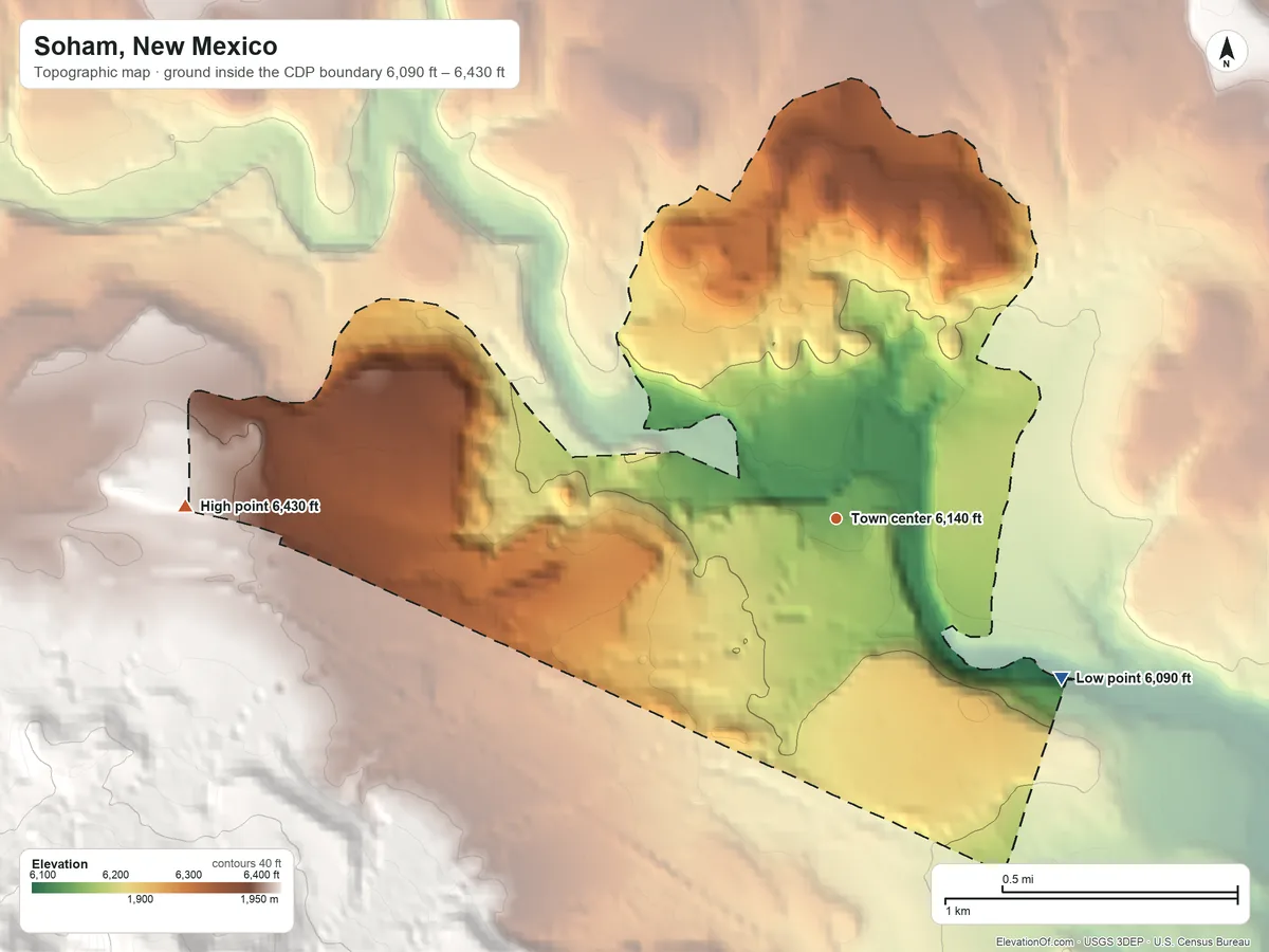 Topographic elevation map of Soham, New Mexico, shaded from 6,090 ft on the southeast side to 6,430 ft on the west edge, below higher ground just outside