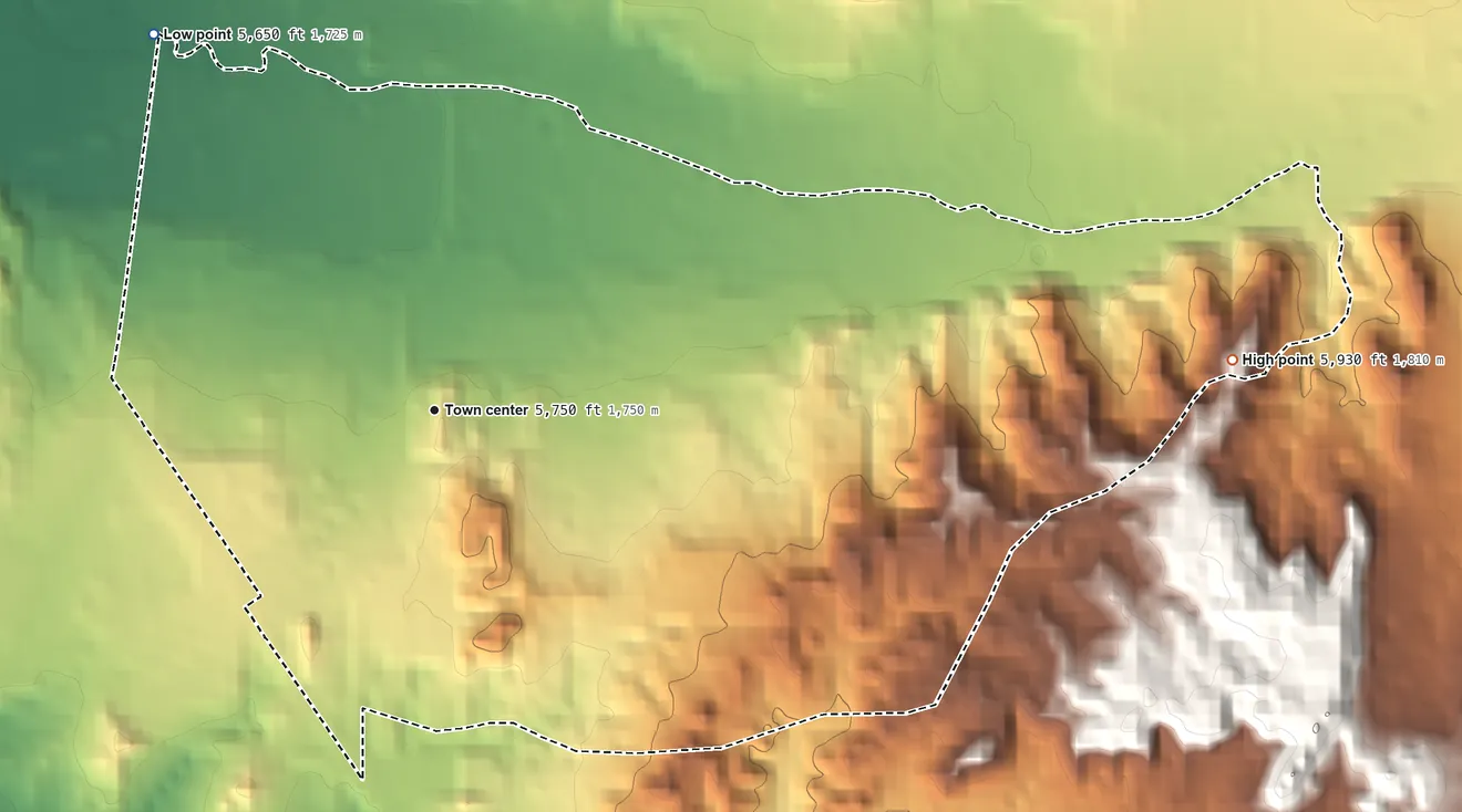 Topographic elevation map of Sombrillo, New Mexico, shaded from 5,650 ft on the northwest side to 5,930 ft on the east side