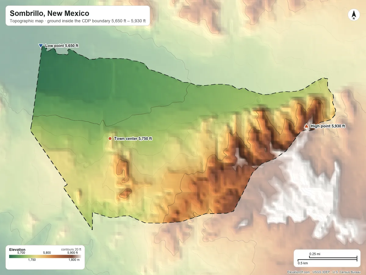 Topographic elevation map of Sombrillo, New Mexico, shaded from 5,650 ft on the northwest side to 5,930 ft on the east side