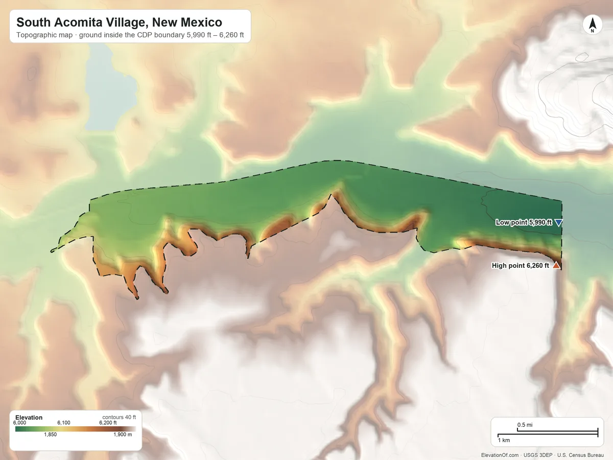 Topographic elevation map of South Acomita Village, New Mexico, shaded from 5,990 ft on the east side to 6,260 ft at the foot of the San Mateo Mountains