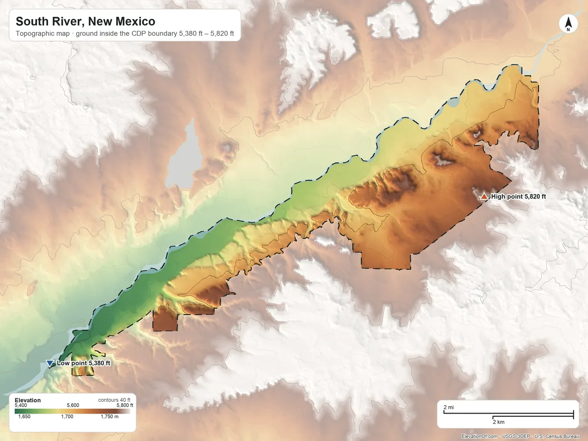 Topographic elevation map of South River, New Mexico, shaded from 5,380 ft on the southwest side to 5,820 ft on the east side
