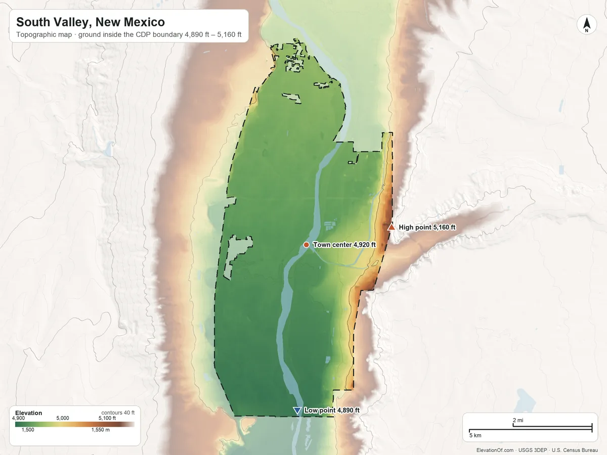 Topographic elevation map of South Valley, New Mexico, shaded from 4,890 ft on the south side to 5,160 ft on the east side