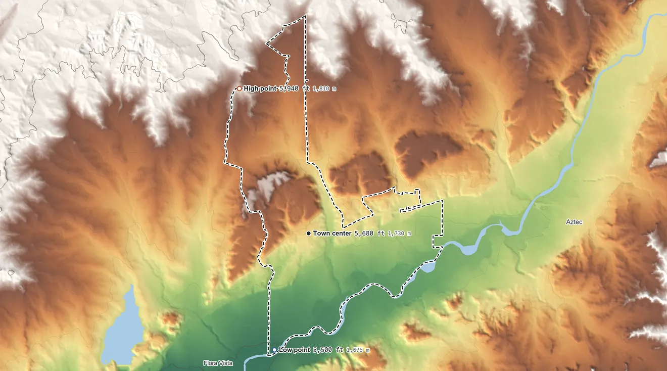 Topographic elevation map of Spencerville, New Mexico, shaded from 5,500 ft on the south side to 5,940 ft on the northwest edge, below higher ground just outside