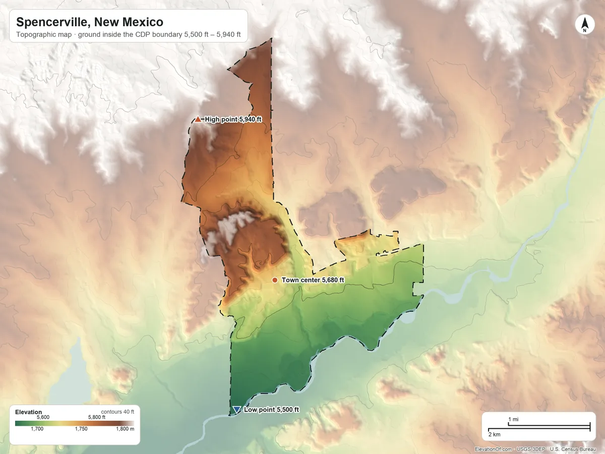 Topographic elevation map of Spencerville, New Mexico, shaded from 5,500 ft on the south side to 5,940 ft on the northwest edge, below higher ground just outside