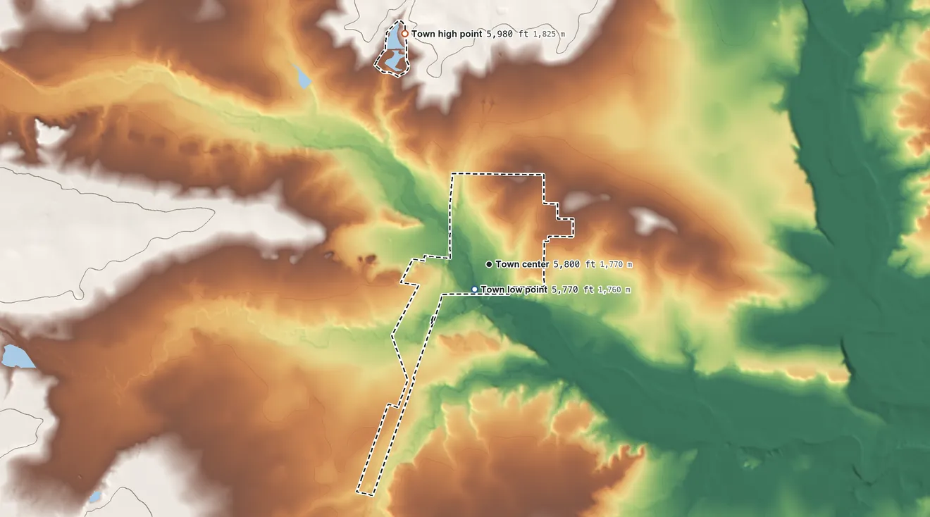 Topographic elevation map of Springer, New Mexico, shaded from 5,770 ft near the middle to 5,980 ft on the north side