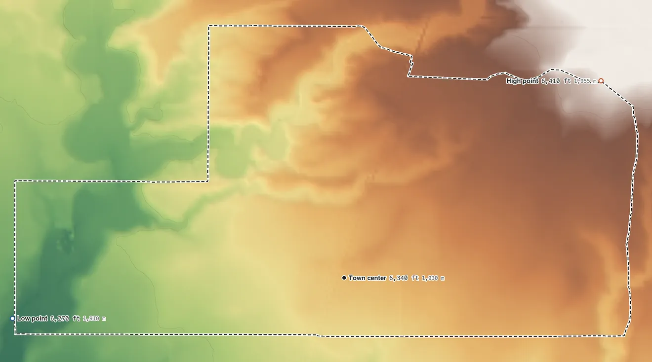 Topographic elevation map of Stanley, New Mexico, shaded from 6,270 ft on the west side to 6,410 ft on the northeast side
