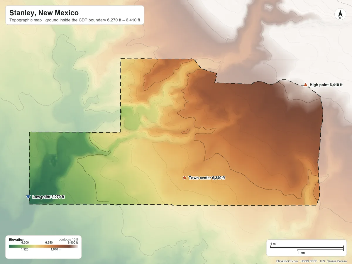 Topographic elevation map of Stanley, New Mexico, shaded from 6,270 ft on the west side to 6,410 ft on the northeast side