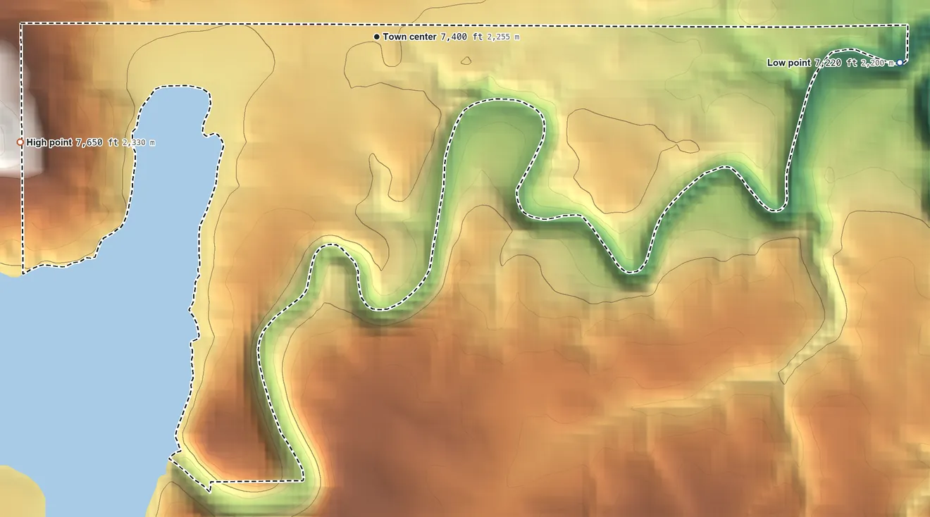 Topographic elevation map of Stoneridge, New Mexico, shaded from 7,220 ft on the east side to 7,650 ft on the west side