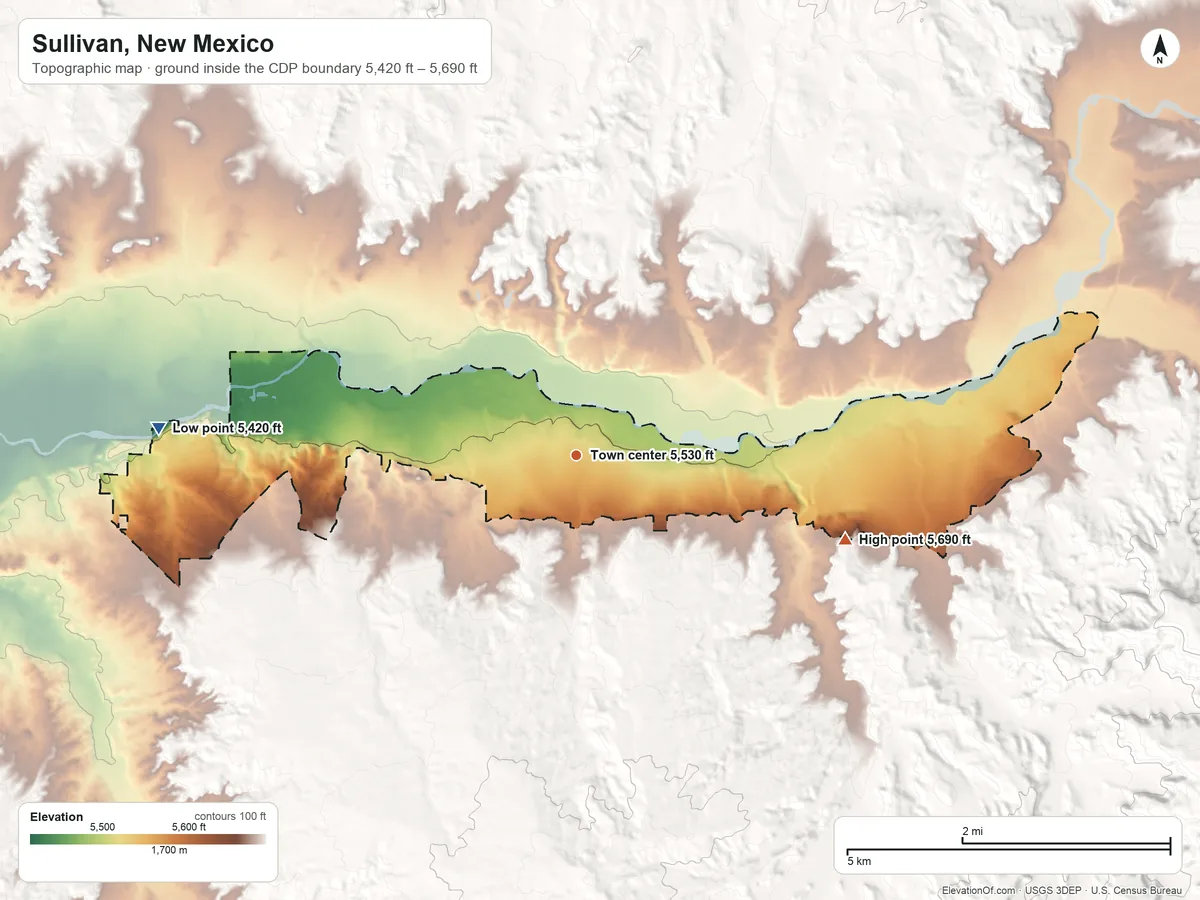 Topographic elevation map of Sullivan, New Mexico, shaded from 5,420 ft on the west side to 5,690 ft on the east side