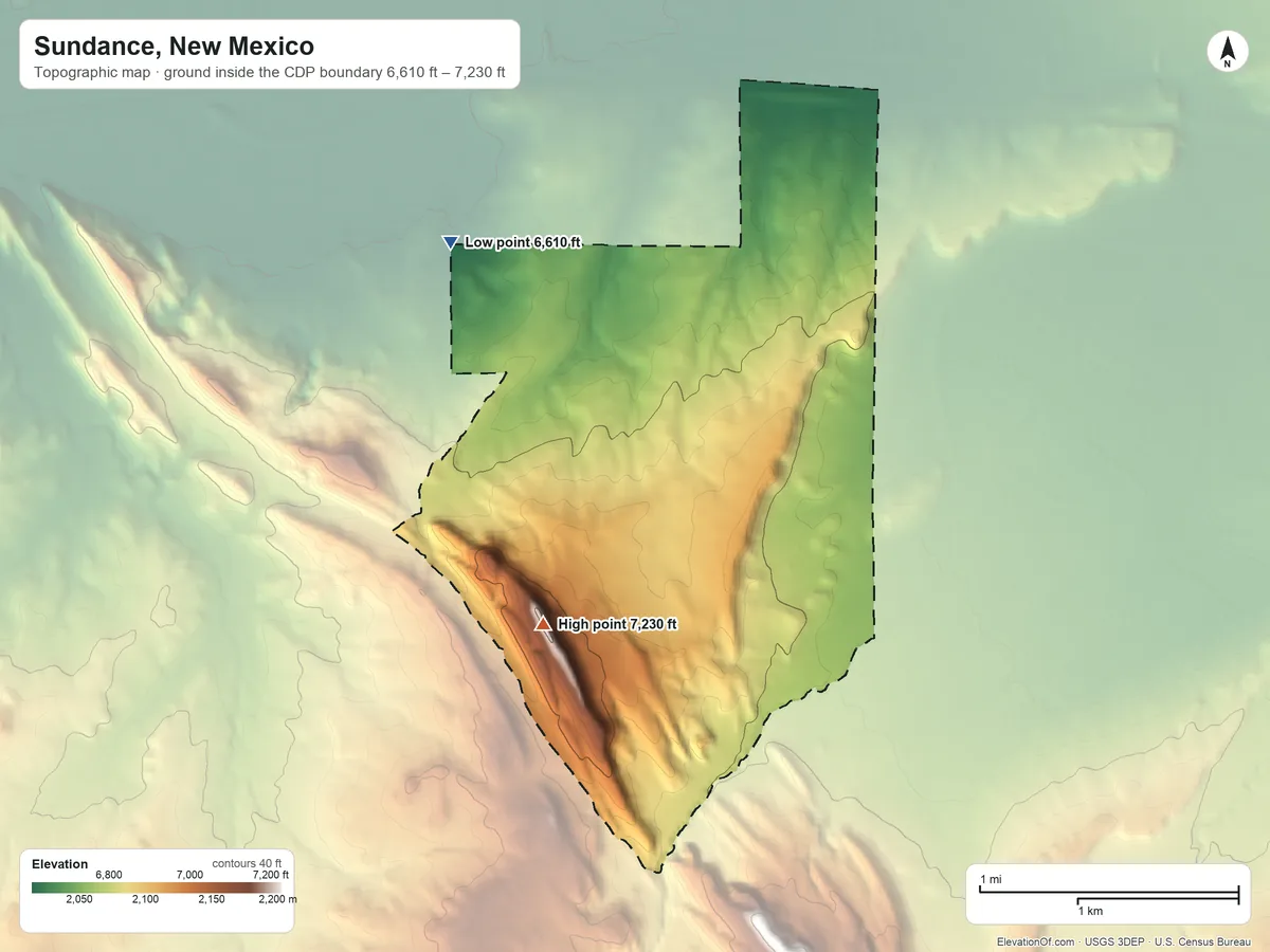 Topographic elevation map of Sundance, New Mexico, shaded from 6,610 ft on the west side to 7,230 ft on the southwest side