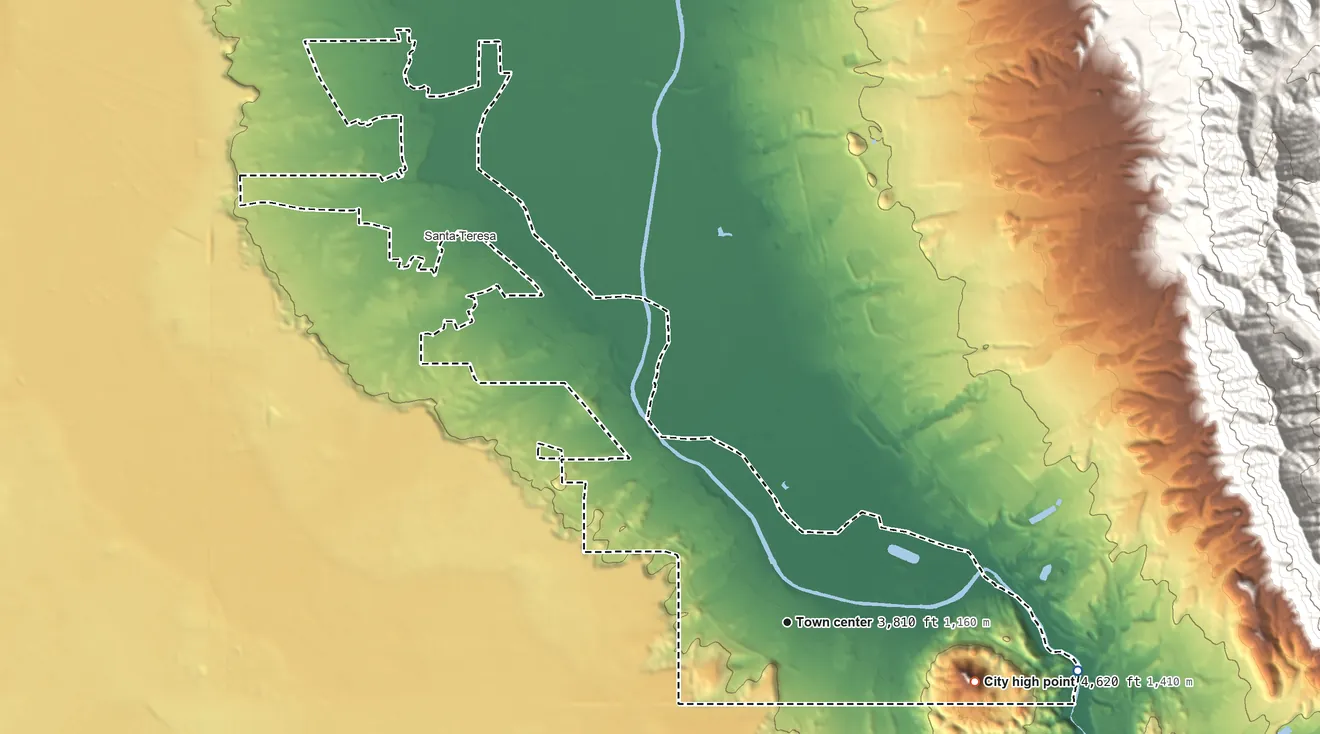 Topographic elevation map of Sunland Park, New Mexico, shaded from 3,730 ft on the east side to 4,620 ft on Sierra de Cristo Rey