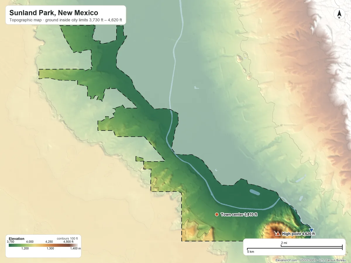 Topographic elevation map of Sunland Park, New Mexico, shaded from 3,730 ft on the east side to 4,620 ft on Sierra de Cristo Rey