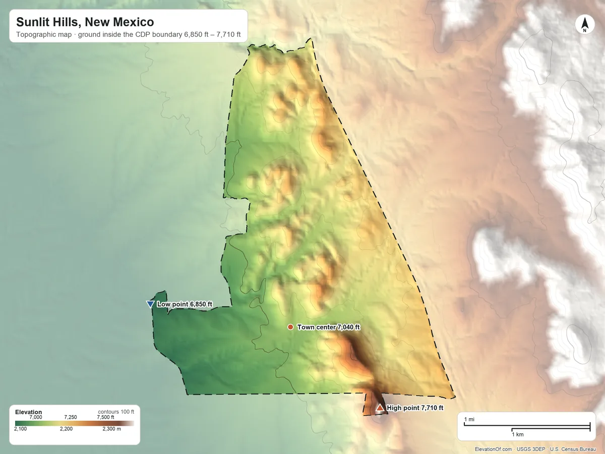 Topographic elevation map of Sunlit Hills, New Mexico, shaded from 6,850 ft on the west side to 7,710 ft at the foot of the Cerrillos Hills