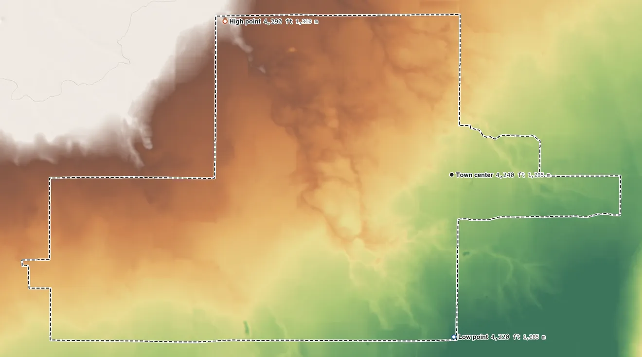 Topographic elevation map of Sunshine, New Mexico, shaded from 4,220 ft on the south side to 4,290 ft on the northwest side