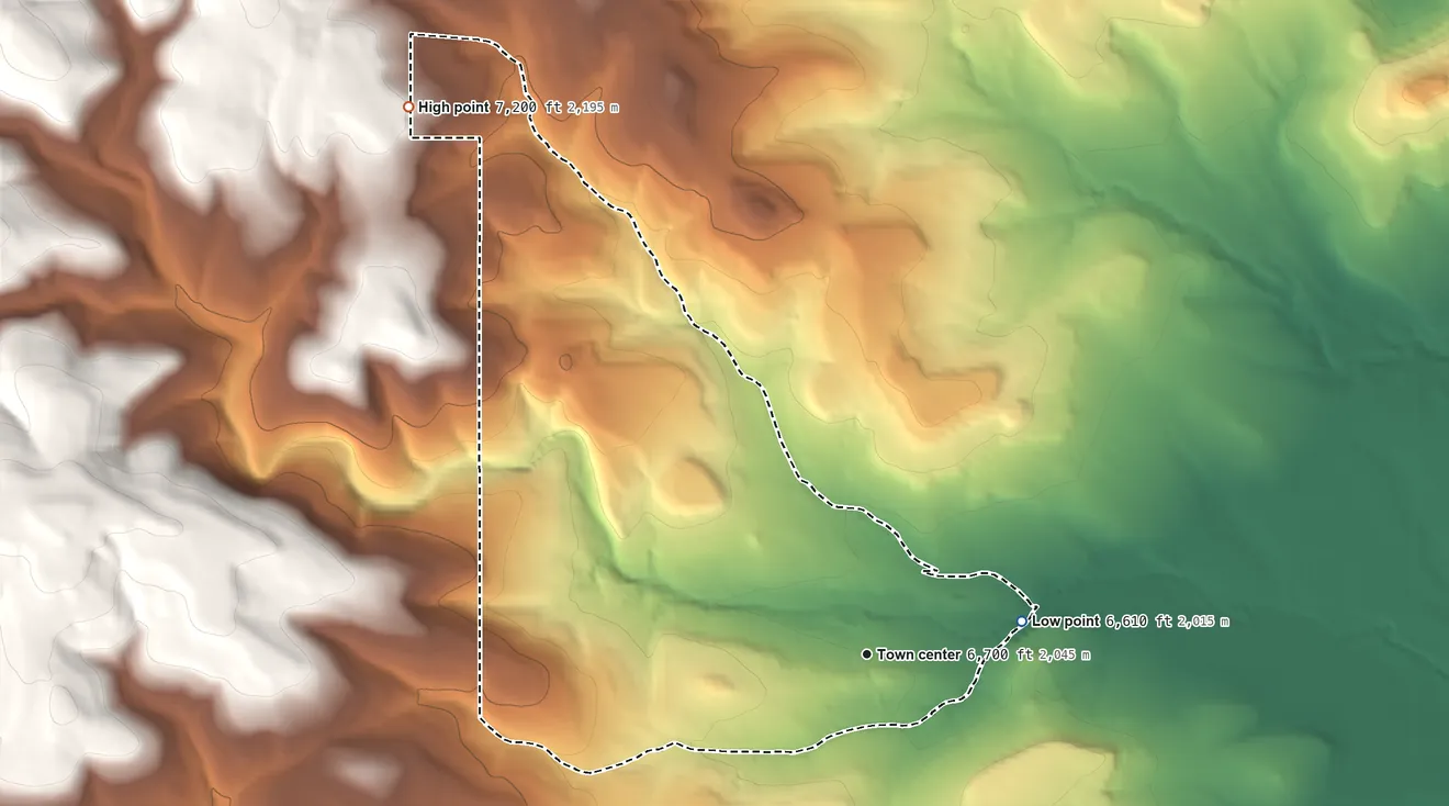 Topographic elevation map of Tajique, New Mexico, shaded from 6,610 ft on the east side to 7,200 ft at the foot of the Manzanita Mountains