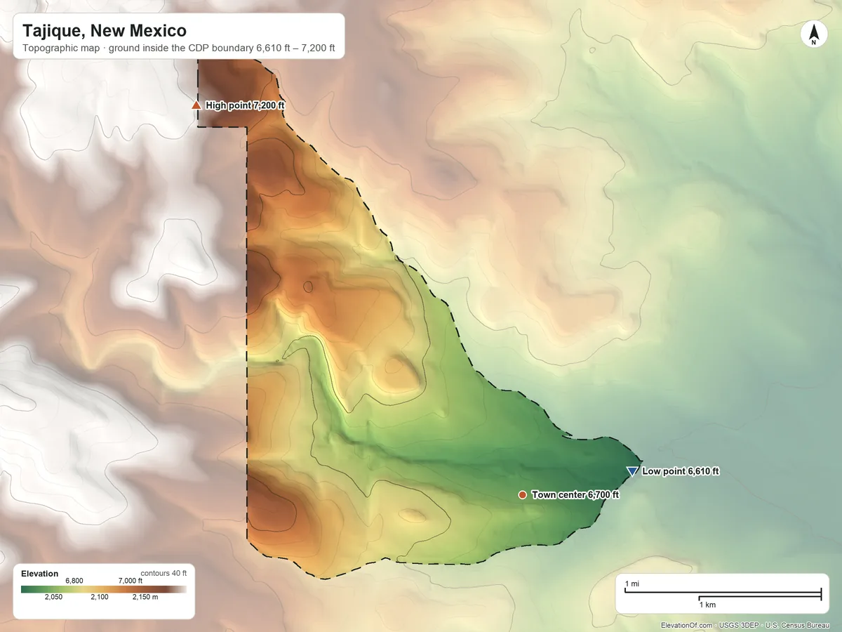 Topographic elevation map of Tajique, New Mexico, shaded from 6,610 ft on the east side to 7,200 ft at the foot of the Manzanita Mountains