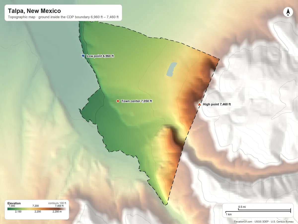 Topographic elevation map of Talpa, New Mexico, shaded from 6,960 ft on the northwest side to 7,460 ft at the foot of the Rincon Mountains
