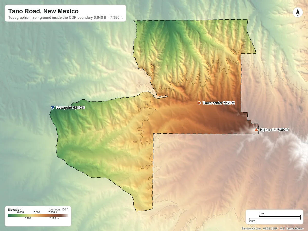 Topographic elevation map of Tano Road, New Mexico, shaded from 6,640 ft on the west side to 7,390 ft on Tano Point