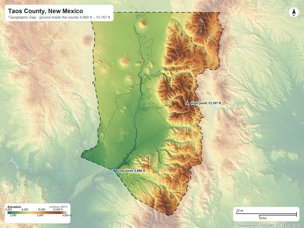 Topographic elevation map of Taos County, New Mexico, shaded from 5,880 ft on the southwest side to 13,167 ft on Wheeler Peak