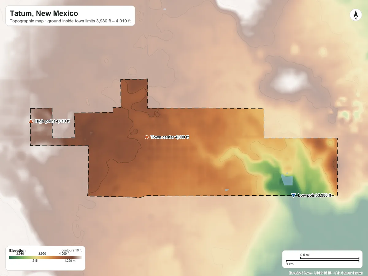 Topographic elevation map of Tatum, New Mexico, shaded from 3,980 ft on the east side to 4,010 ft on the west side