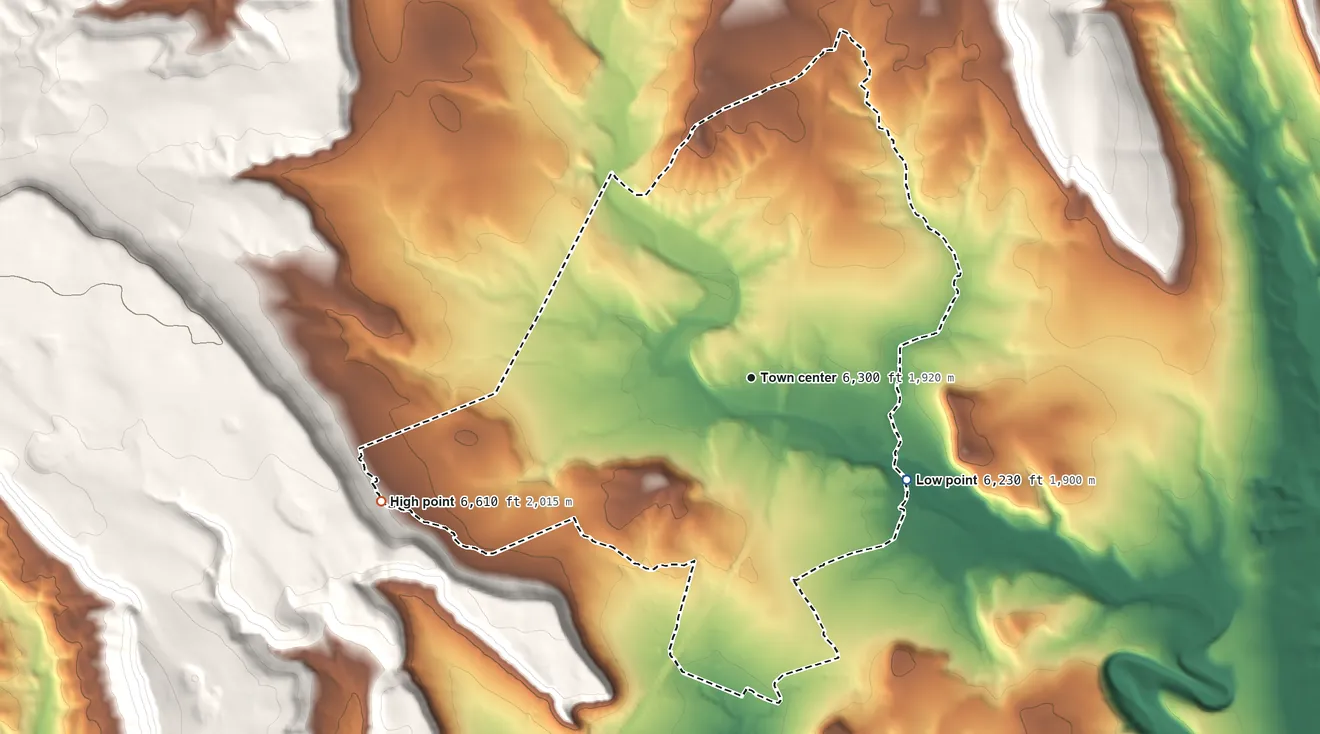 Topographic elevation map of Tecolote, New Mexico, shaded from 6,230 ft on the southeast side to 6,610 ft on the west edge, below higher ground just outside