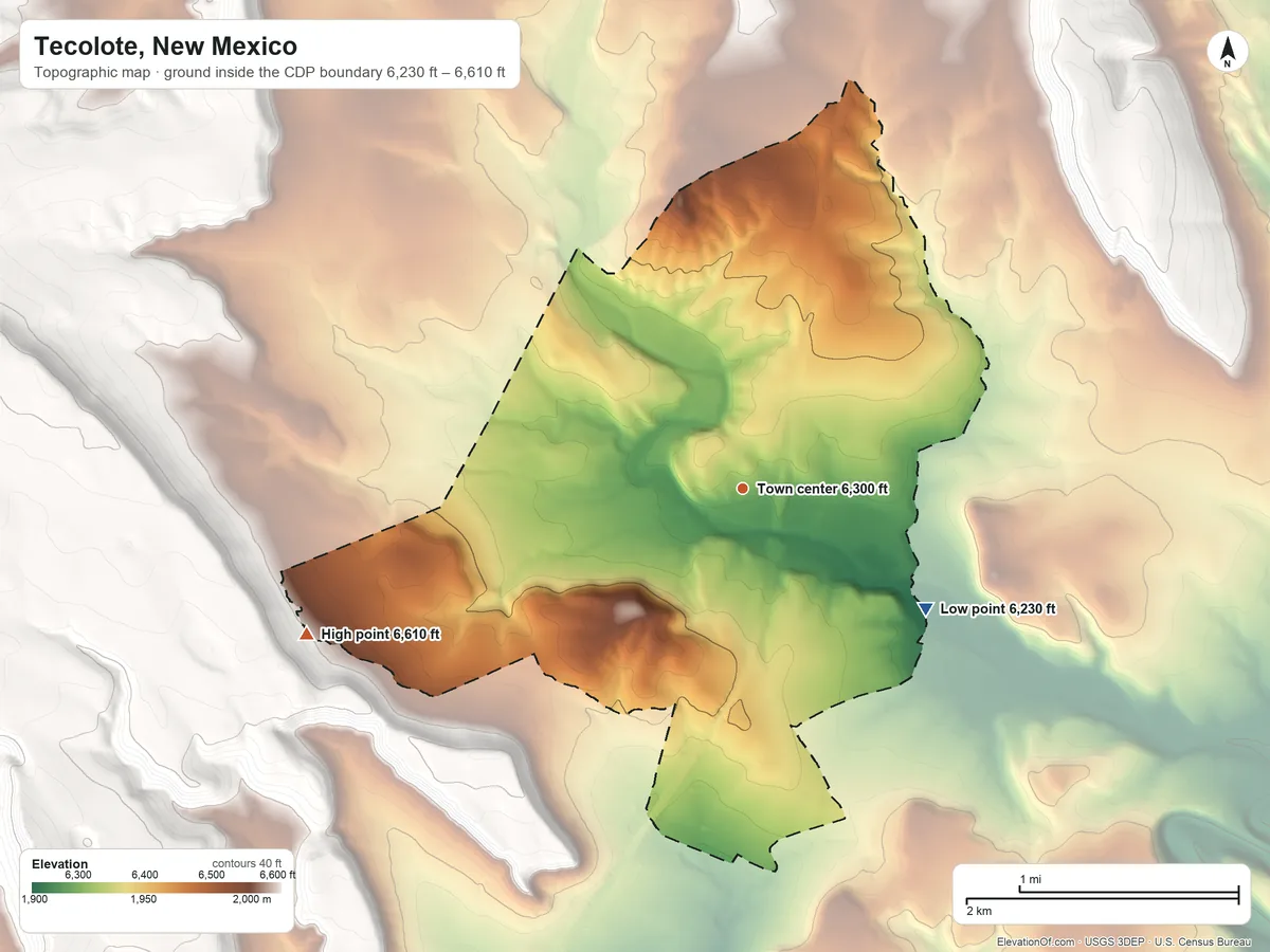 Topographic elevation map of Tecolote, New Mexico, shaded from 6,230 ft on the southeast side to 6,610 ft on the west edge, below higher ground just outside