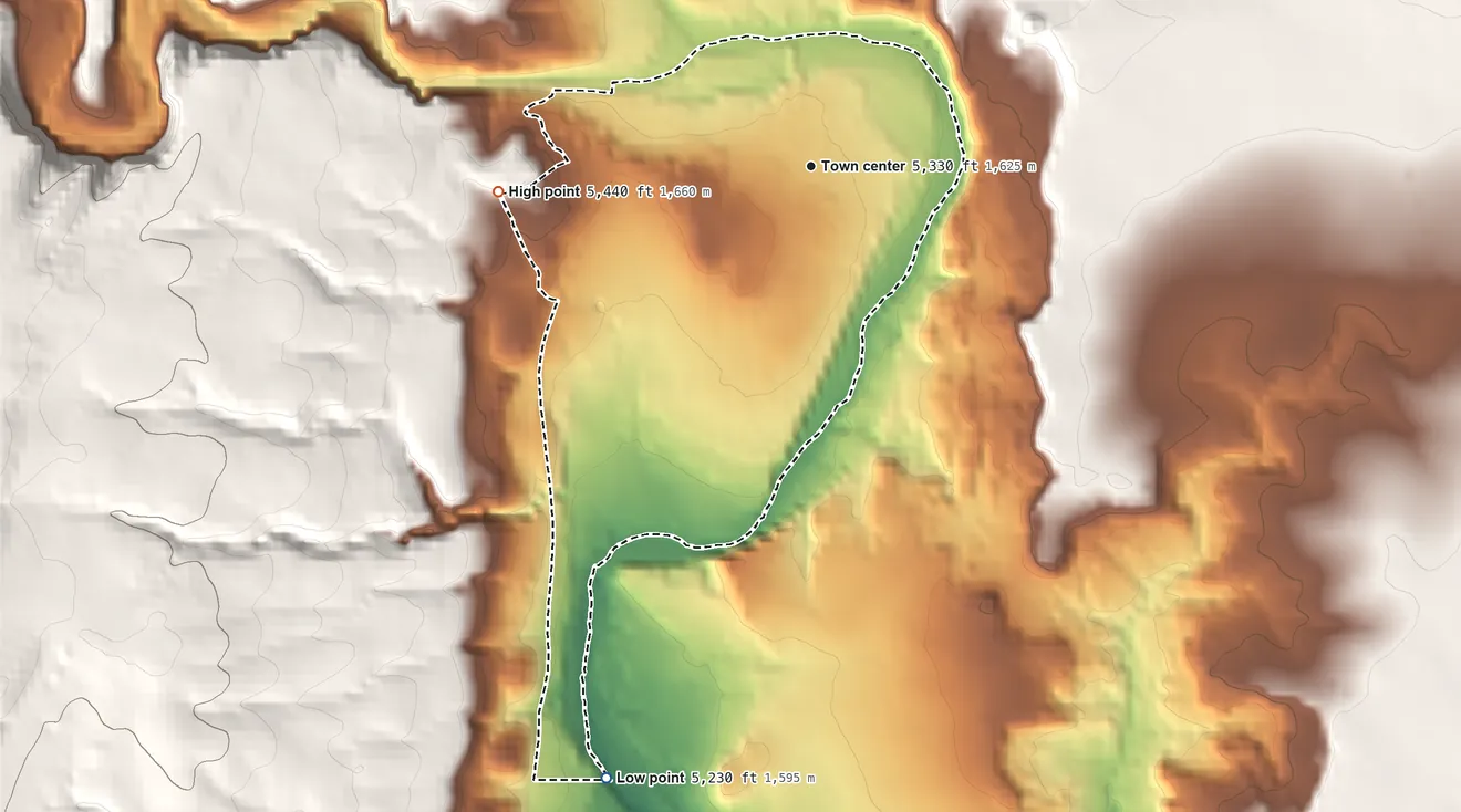 Topographic elevation map of Tecolotito, New Mexico, shaded from 5,230 ft on the south side to 5,440 ft on the west edge, below higher ground just outside