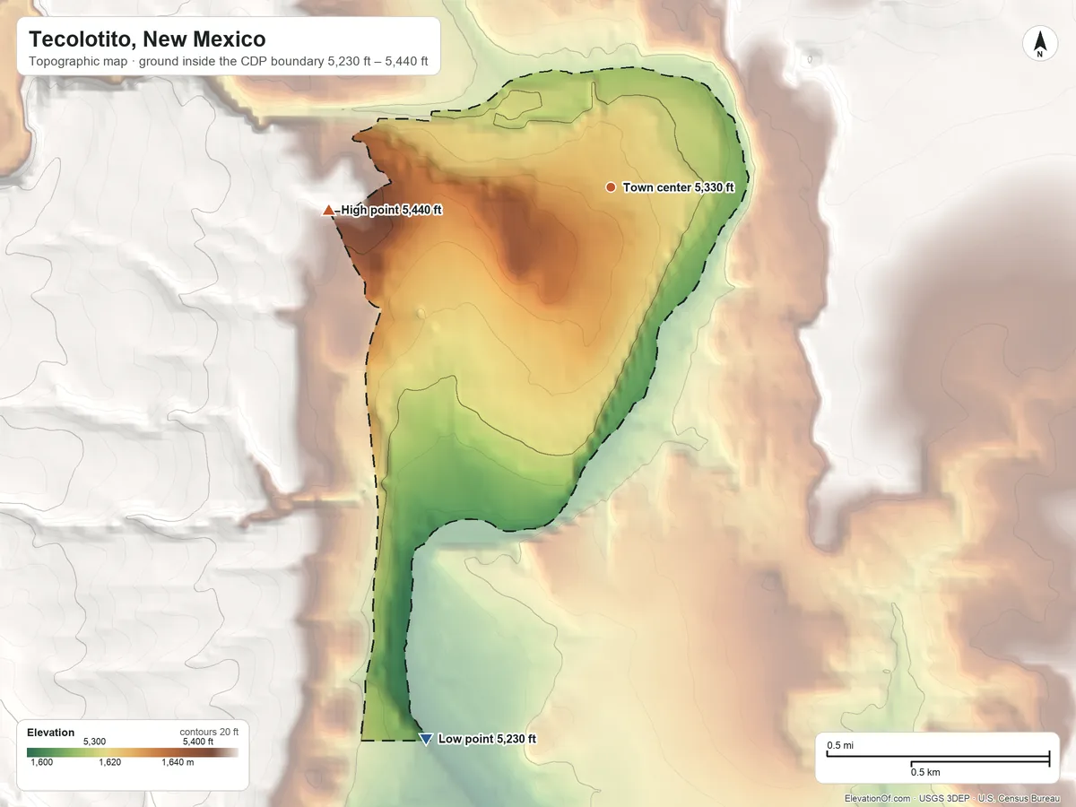 Topographic elevation map of Tecolotito, New Mexico, shaded from 5,230 ft on the south side to 5,440 ft on the west edge, below higher ground just outside