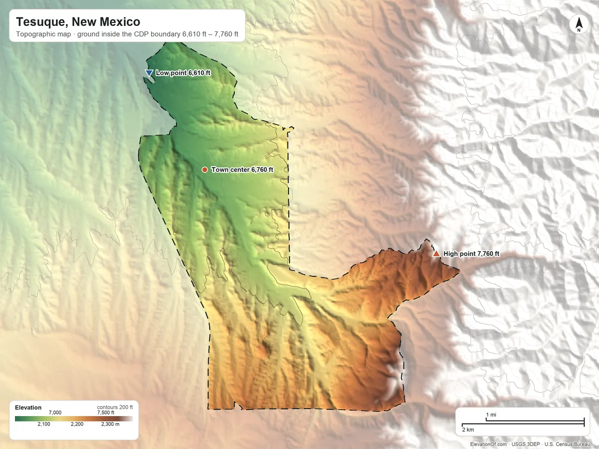 Topographic elevation map of Tesuque, New Mexico, shaded from 6,610 ft on the northwest side to 7,760 ft on the east edge, below higher ground just outside