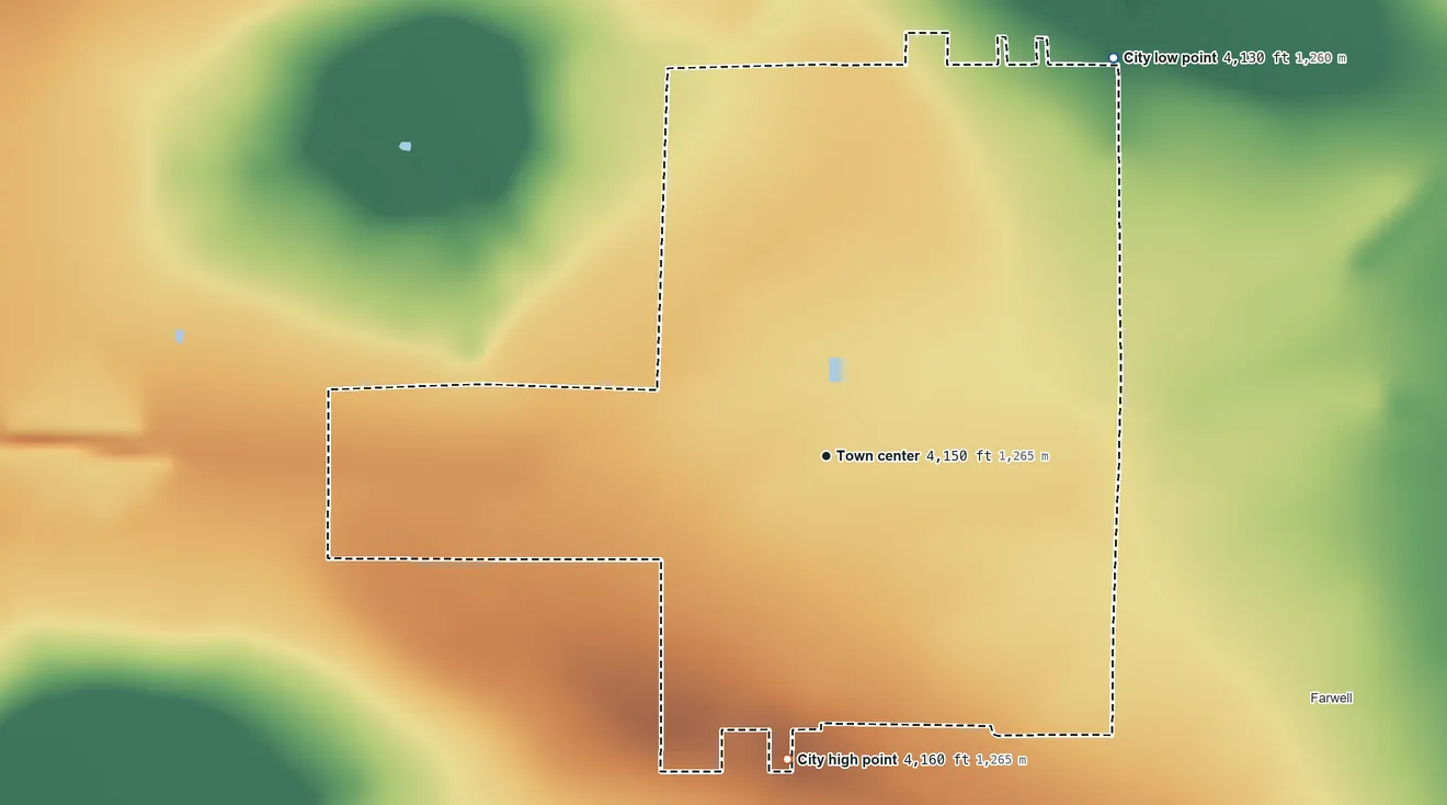 Topographic elevation map of Texico, New Mexico, shaded from 4,130 ft on the northeast side to 4,160 ft on the south side