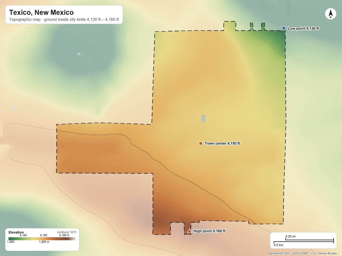 Topographic elevation map of Texico, New Mexico, shaded from 4,130 ft on the northeast side to 4,160 ft on the south side